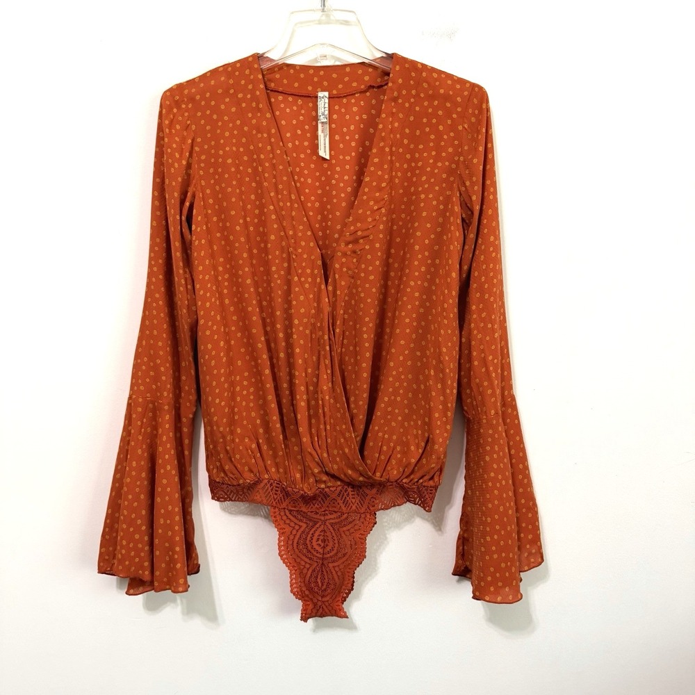 Free People Intimately Bodysuit‎ XS Makin' Waves Rust Polka Dot Lace Snap Boho